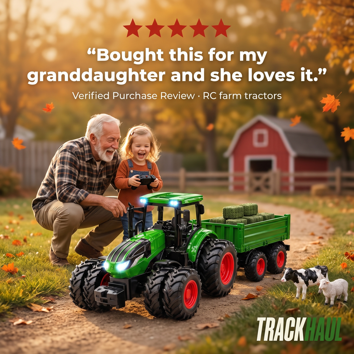 Grandfather and granddaughter playing with TrackHaul outdoors