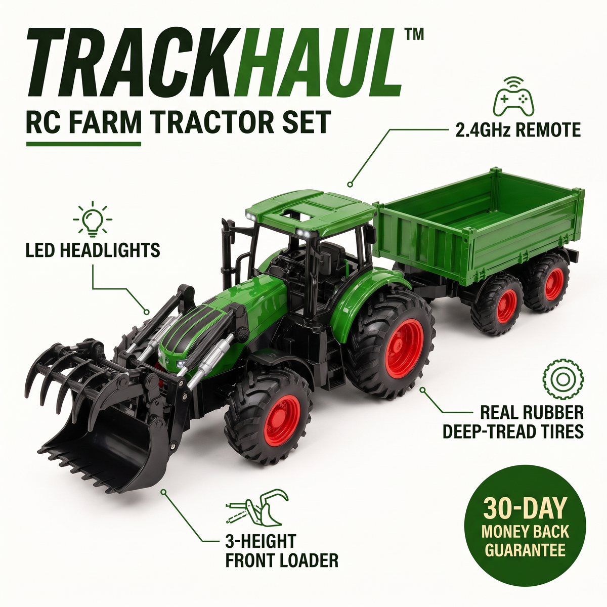 TrackHaul features: 2.4GHz remote, LED headlights, rubber tires, 3-height loader
